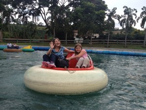 Bumper Boats. Kim didn't want to get wet. Too bad!