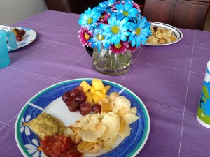 Our breakfast as well as our flowers in our coffee pot!